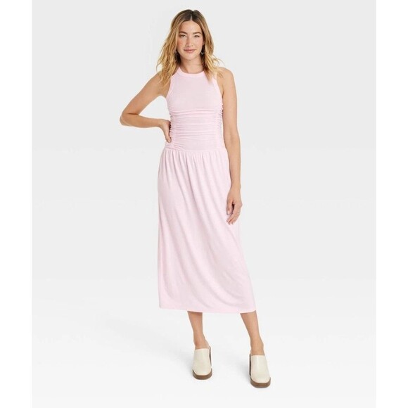Women's Knit Midi Ruched Dress Universal Thread Pastel Pink Medium NWT - Picture 1 of 6